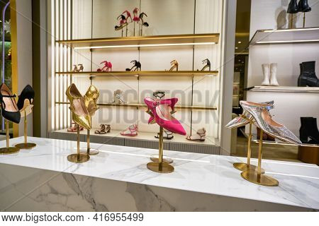 KUALA LUMPUR, MALAYSIA - CIRCA JANUARY, 2020: interior shot of Stuart Weitzman store at Suria KLCC shopping mall in Kuala Lumpur.
