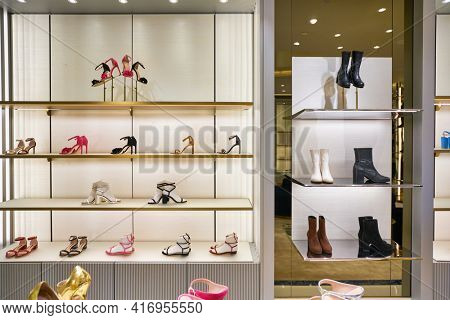 KUALA LUMPUR, MALAYSIA - CIRCA JANUARY, 2020: interior shot of Stuart Weitzman store at Suria KLCC shopping mall in Kuala Lumpur.