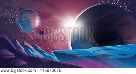 Cosmic Background, Alien Planet Deserted Landscape With Mountains, Rocks, Deep Cleft And Stars Shine