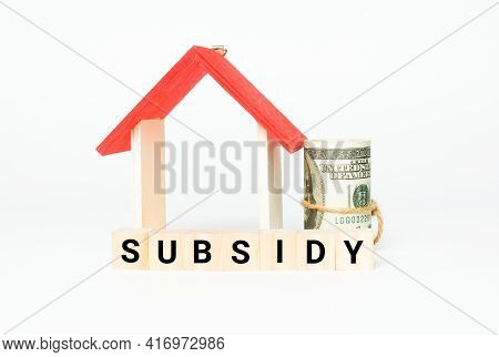 A Picture Of Wooden Block With Subsidy Word, House Miniature And Fake Money Insight. Property Subsid