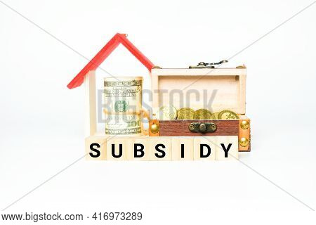 A Picture Of Wooden Block With Subsidy Word, House Miniature, Gold Chest And Fake Money Insight. Pro