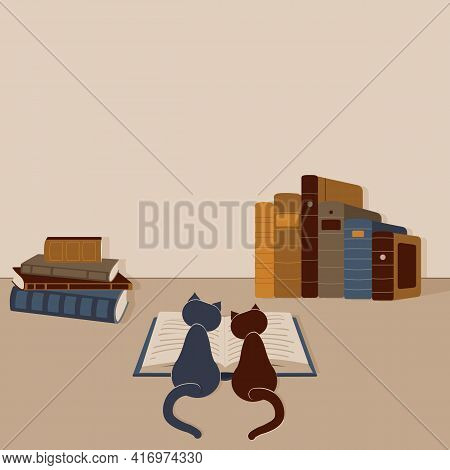 Concept:book Or Reading Is Source Of Knowledge.two Cats Sit Over Open Book And Studying It. A Lot Of