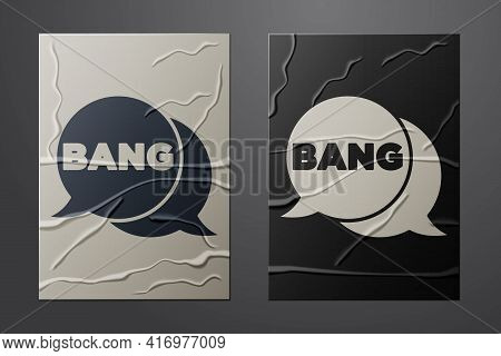 White Bang Boom, Gun Comic Text Speech Bubble Balloon Icon Isolated On Crumpled Paper Background. Pa