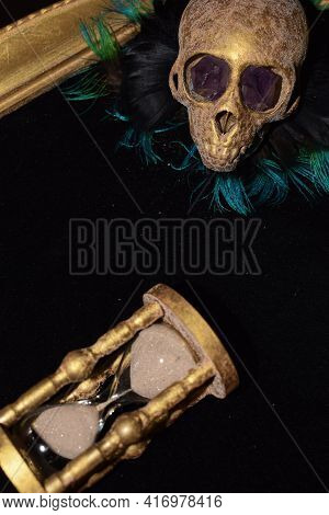 Looking In To The Past - Skull And Hourglass On Black Mirror