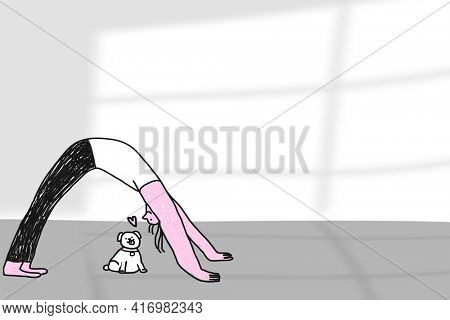 Yoga woman cartoon on window shadowed white background healthy lifestyle campaign remixed media