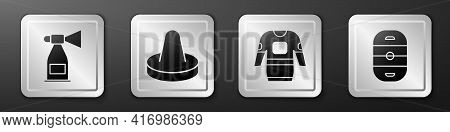 Set Air Horn, Mallet For Playing Air Hockey, Hockey Jersey And Ice Hockey Rink Icon. Silver Square B