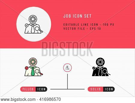 Job Icons Set Editable Stroke Vector Illustration. Employment Business Symbol. Icon Line Style On Is
