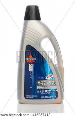 IRVINE, CALIFORNIA - MAY 22, 2019:  A bottle of Bissell Deep Clean Pro carpet cleaning solution. 