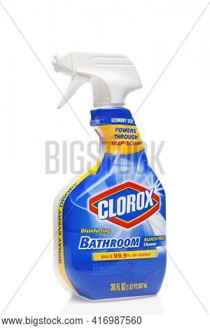 IRVINE, CALIFORNIA - AUGUST 20, 2019: A plastic spray bottle of Clorox Disinfecting Bathroom Cleaner. 