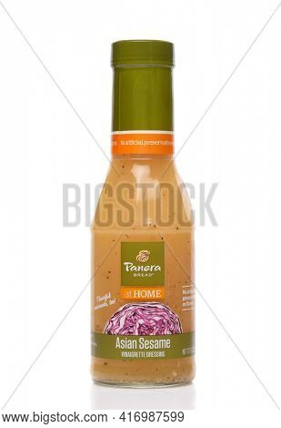 IRVINE, CALIFORNIA - 24 DECEMBER 2019: A bottle of Panera Bread at Home Asian Sesame Vinaigrette Dressing. 
