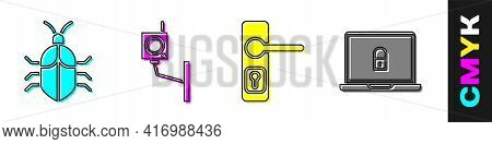 Set System Bug Concept, Security Camera, Door Handle And Laptop And Lock Icon. Vector