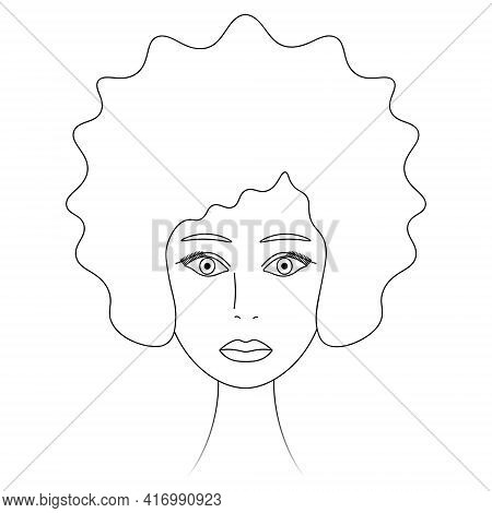 Womans Face. African American Girl. Sketch. Lady's Head Full Face. Vector Illustration. Lush Hairsty