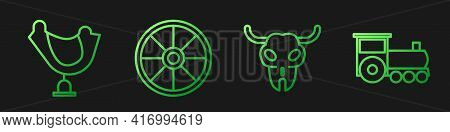 Set Line Buffalo Skull, Wild West Saddle, Old Wooden Wheel And Retro Train. Gradient Color Icons. Ve