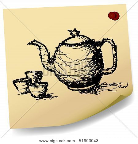 Sketch Teapot With Cup  On Sticky  Paper Vector.eps
