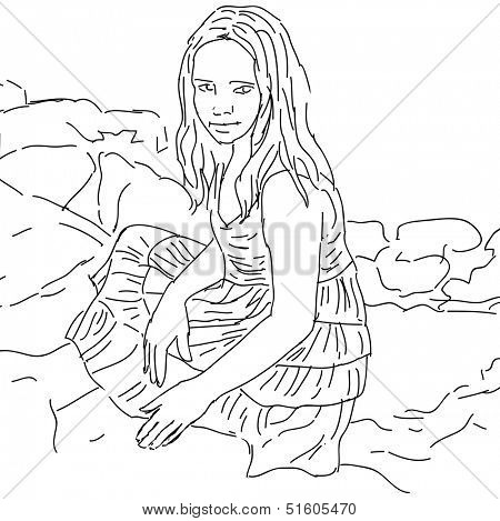 Ink sketch, lovely cute teen-girl. Vector illustration on white background.