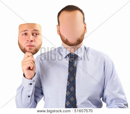 young man holding sad mask