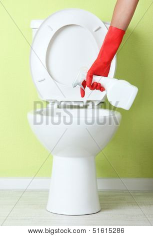 Woman hand with spray bottle cleaning a toilet bowl in a bathroom