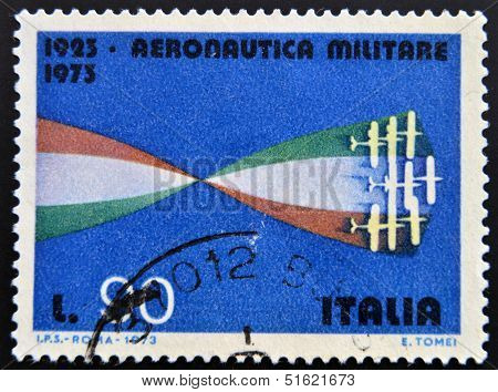 A stamp printed in Italy dedicated to military aviation