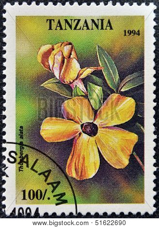 A stamp printed in Tanzania dedicated to tropical flowers shows thunbergia alata