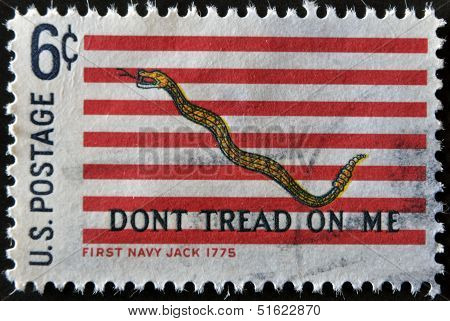 A stamp printed in USA shows First Navy Jack 1775 - Don't Tread On Me
