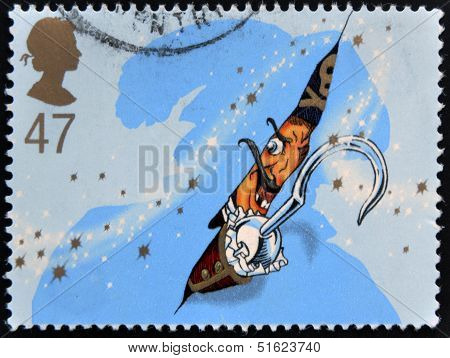 A stamp printed in Great Britain shows captain Hook. Stamp dedicated to Peter Pan