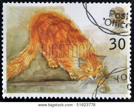 A stamp printed in Great Britain shows Choe (ginger cat)