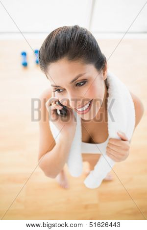 Fit woman on the phone taking a break at home in bright room