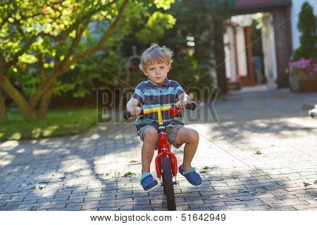 Little Toddler Boy Riding On His  Bicycle In Summer.