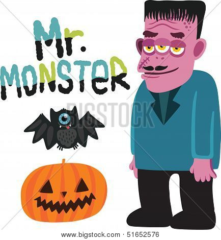 Halloween monster character with pumpkin and bat.