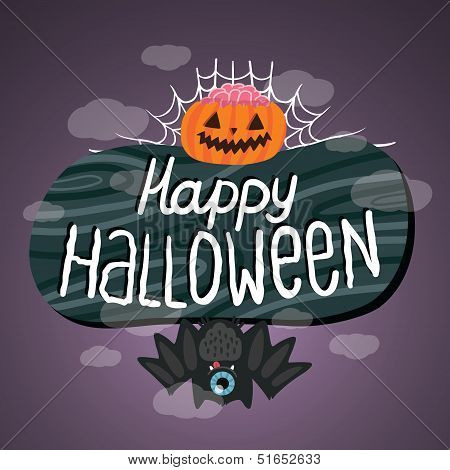 Happy Halloween sign with pumpkin, bat, web.
