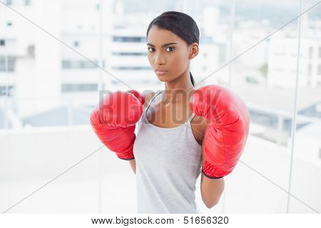 Competitive gorgeous model wearing red boxing gloves in bright room at home