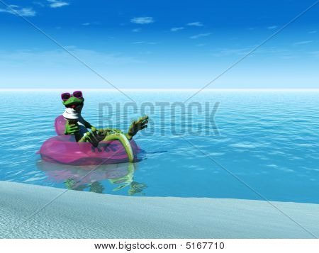 Cartoon cool Gecko comendo sorvete enquanto flutuando sobre um anel de banho.