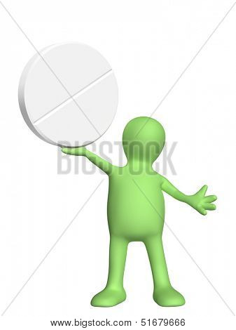 3d puppet with pill. Isolated on white background