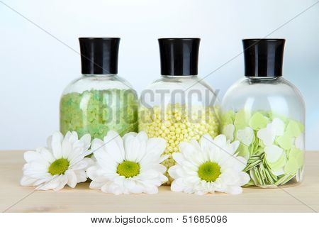 Aromatherapy minerals - colorful bath salt on light background
