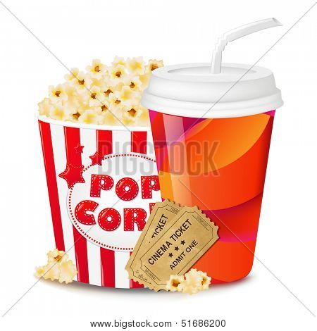 Popcorn In Cardboard Box With Tickets Cinema And Paper Glass With Gradient Mesh, Vector Illustration