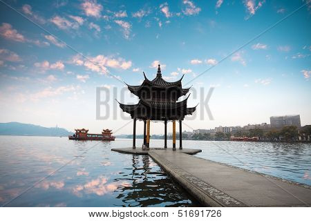Hangzhou Pavilion With Sunset Glow