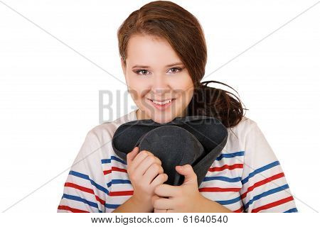 The Smiling Plump Girl With A Hat Isolated On  White