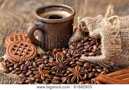 Black coffee, a cup of beans