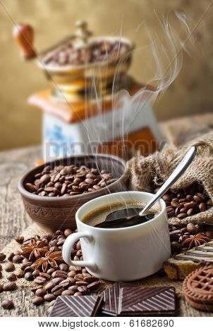 Black coffee, a cup of beans