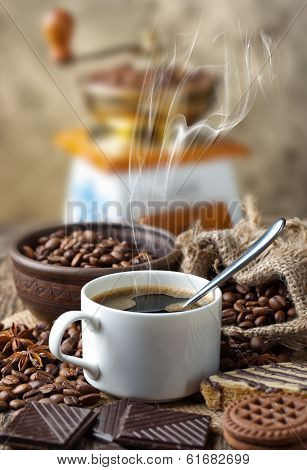 Black coffee, a cup of beans