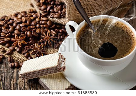 Black coffee, a cup of beans