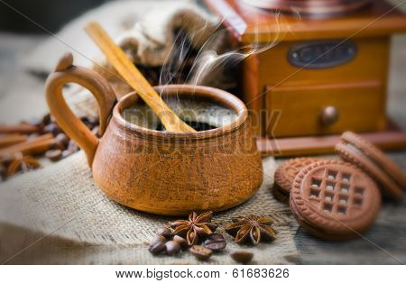 Black coffee, a cup of beans