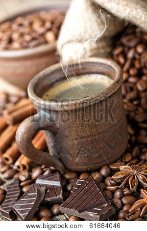 Black coffee, a cup of beans