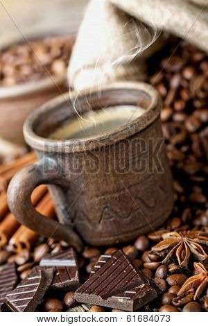 Black coffee, a cup of beans