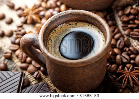 Black coffee, a cup of beans