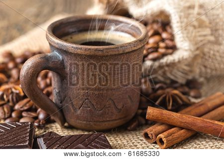 Black coffee, a cup of beans