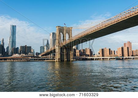 Brooklyn bridge in New York on bright summer day