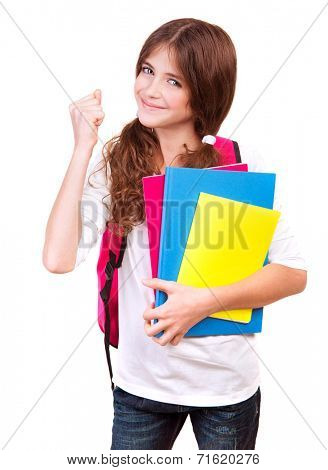 Happy cheerful schoolgirl holding in hand books and gesturing good mood, isolated on white background, enjoying education concept