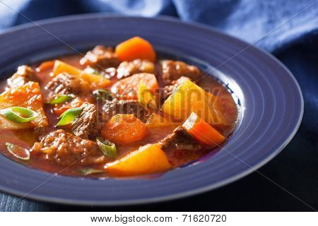 beef stew with potato and carrot in blue plate 
