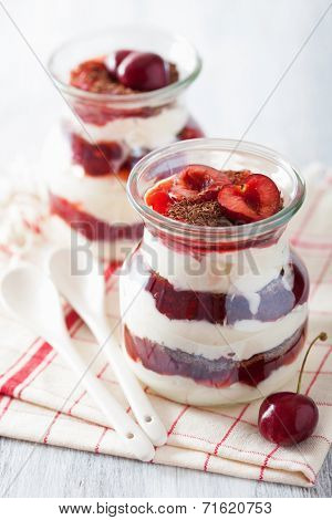 healthy dessert with creme fraiche jam and chocolate 